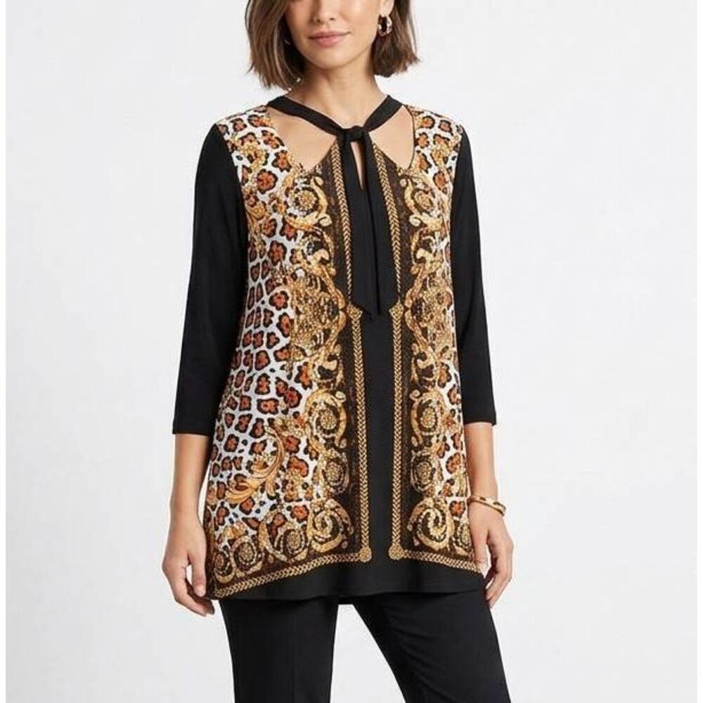 Eva Varro Black & gold animal print open collar strappy neck tunic top XL